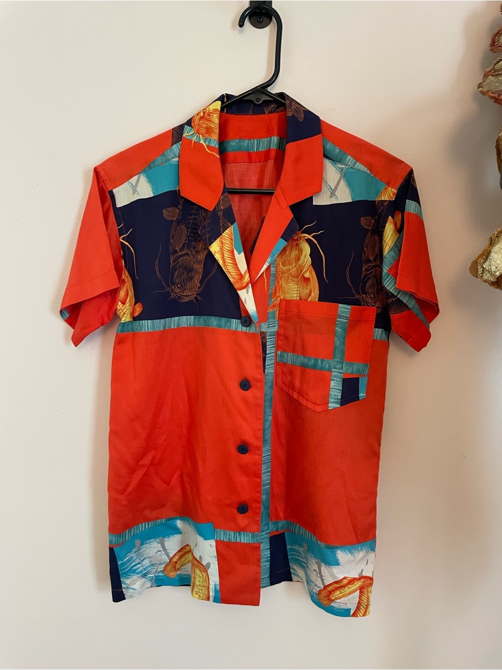 Red Short-Sleeve Hawaiian Shirt with Koi Fish Print